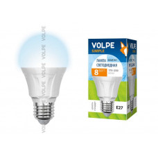 Лампа светодиодная Volpe LED-A60-8W/NW/E27/FR/S Форма A, матовая колба. Материал корпуса термопластик. Цвет свечения белый. Серия Simple.